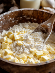 In a large bowl, whisk together flour, baking powder, and salt. Cut in cold butter until the mixture resembles coarse crumbs.