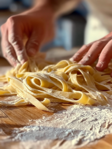 In a mixing bowl, combine flour and salt. Create a well in the center and crack in the eggs. Add olive oil and mix slowly.