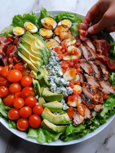 Arrange the chicken, bacon, eggs, avocado, cherry tomatoes, blue cheese, and red onion in neat rows over the lettuce.